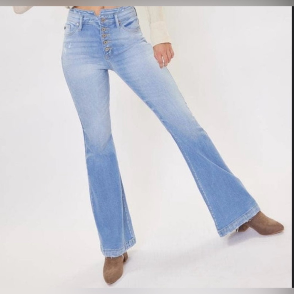 High-Rise Light Blue Flare Jeans with Button-Fly